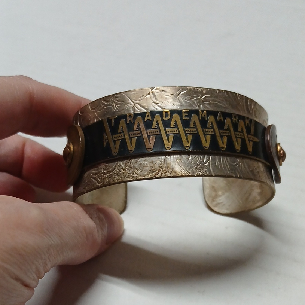 Handmade Silvertone Metal Steampunk Cuff Bracelet w/ Riveted Penny Coin Accents